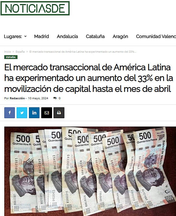 El mercado transaccional de Amrica Latina ha experimentado un aumento del 33% en la movilizacin de capital hasta el mes de abril